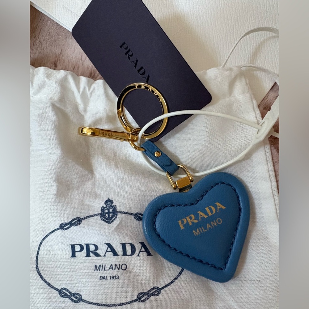 Prada Blue Heart Leather Keychain with Gold Hardware
